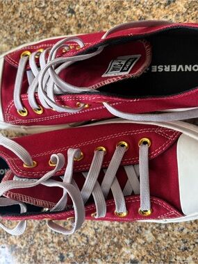 Converse Low Top Sneakers (Customized) Red with Lilac Purple Laces, Gold Eyelets